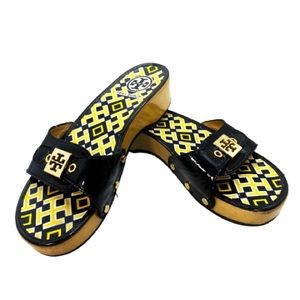 Tory Burch Black Patent Leather Dixon Clogs Slides